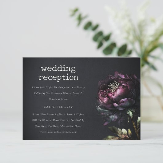 ゴシック様式ダークパープル黒牡丹ウェディングレセプション エンクロージャーカード (スタンド正面)