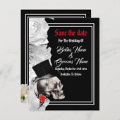 ゴシック様式バイクもしくは自転車に乗る人または石の黒い結婚式の保存日付 案内ポストカード (正面/裏面)