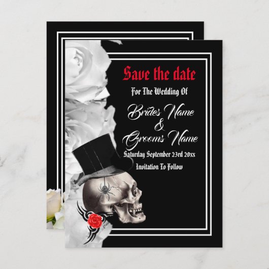 ゴシック様式バイクもしくは自転車に乗る人または石の黒い結婚式の保存日付 案内ポストカード (正面/裏面)