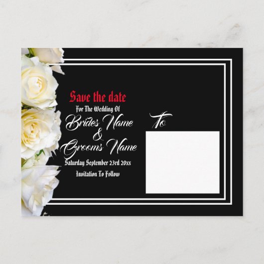 ゴシック様式バイクもしくは自転車に乗る人または石の黒い結婚式の保存日付 案内ポストカード (裏面)