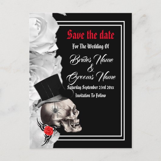 ゴシック様式バイクもしくは自転車に乗る人または石の黒い結婚式の保存日付 案内ポストカード (正面)