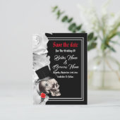 ゴシック様式バイクもしくは自転車に乗る人または石の黒い結婚式の保存日付 案内ポストカード (スタンド正面)