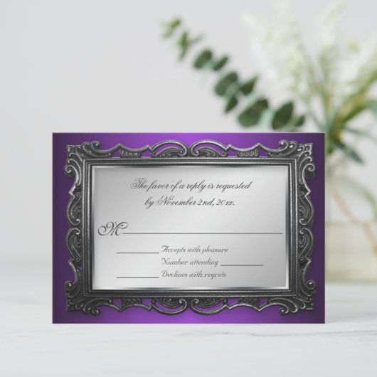 ゴシック様式フレーム紫色RSVPの応答カード 出欠カード (スタンド正面)