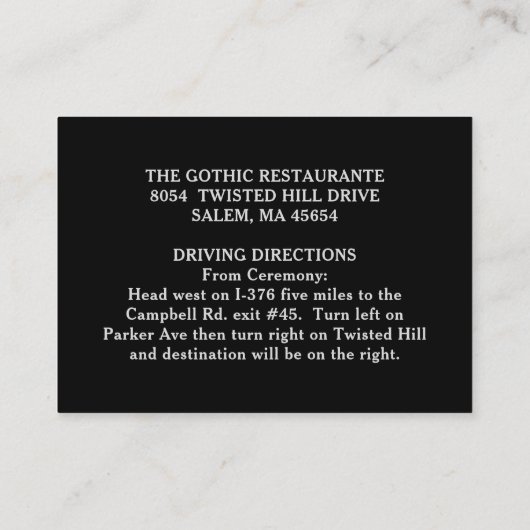 ゴシック様式ブラックバラこうもり披露宴カード3.5 x 2.5 エンクロージャーカード (裏面)