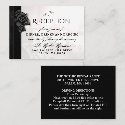 ゴシック様式ブラックバラこうもり披露宴カード3.5 x 2.5 エンクロージャーカード (正面/裏面)