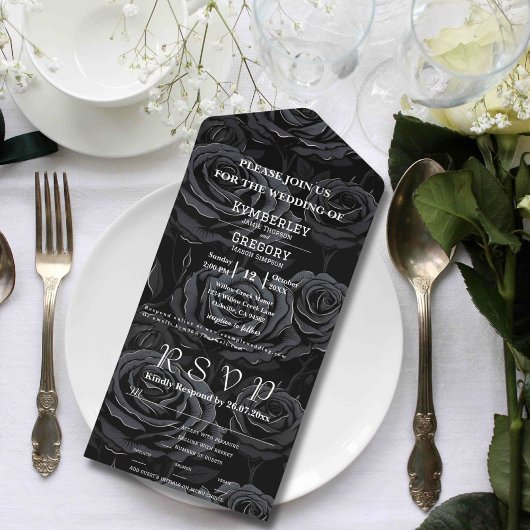 ゴシック様式ブラックバラホワイト文字フローラ背景 オールインワン招待状