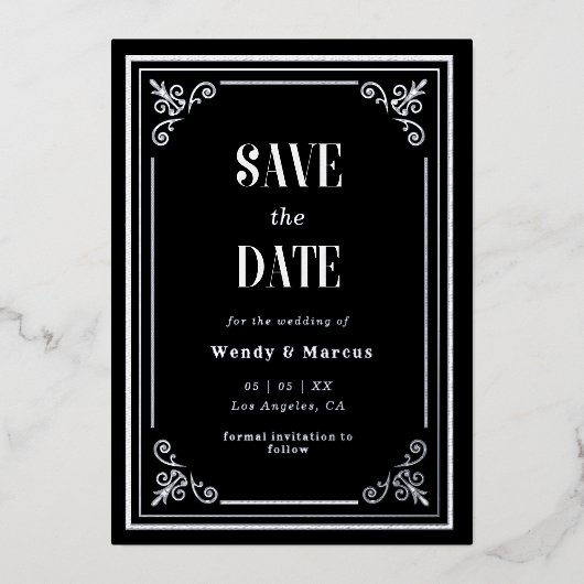 ゴシック様式ブラックフレーム暗色実在銀 箔招待状 (正面)