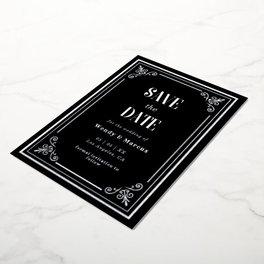 ゴシック様式ブラックフレーム暗色実在銀 箔招待状 (回転した状態)