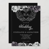 ゴシック様式モノグラムバラスケルトン結婚ハンズ 招待状 (正面/裏面)