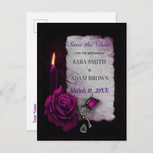 ゴシック様式ロマンスの保存日付の紫色のバラの蝋燭 案内ポストカード (正面/裏面)