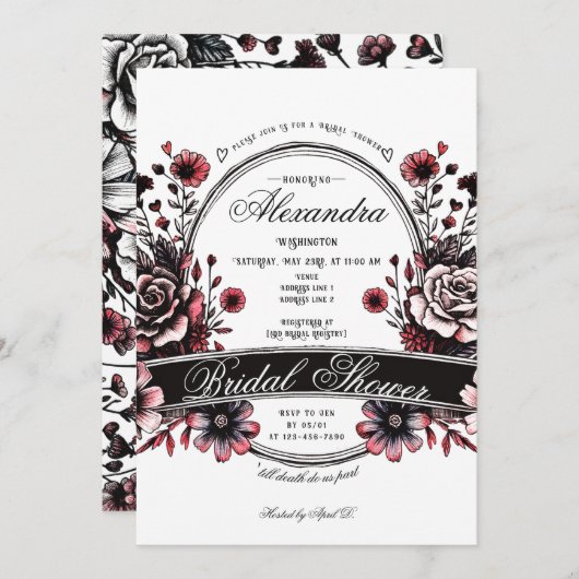 ゴシック様式ワイルドフラワームーディレッドローズブライダルシャワー 招待状 (正面/裏面)