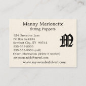 ゴシック様式手紙"M"のクラシックな英国のイニシャル 名刺 (裏面)