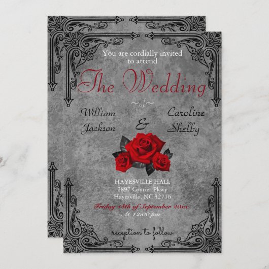 ゴシック様式白黒バラの結婚式招待状 招待状 (正面/裏面)
