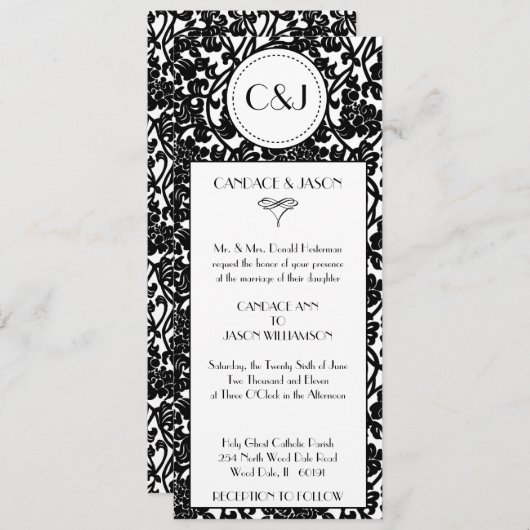 ゴシック様式花のダマスク織のモノグラムの結婚式招待状 招待状 (正面/裏面)