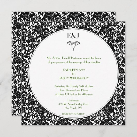 ゴシック様式花のダマスク織のモノグラムの結婚式招待状 招待状 (正面/裏面)