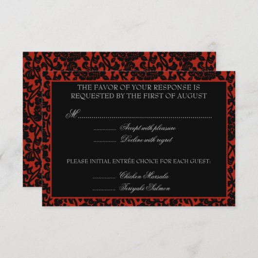 ゴシック様式花の赤く及び黒いダマスク織RSVPのモノグラム 出欠カード (正面/裏面)