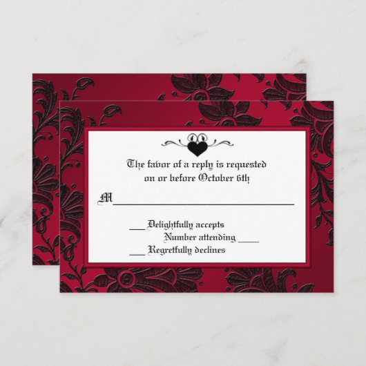 ゴシック様式赤くおよび黒い花柄RSVPカード 出欠カード (正面/裏面)
