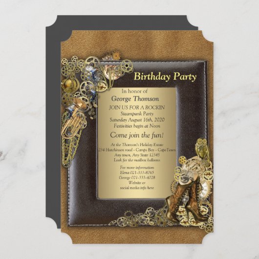 ゴシック様式 – 金ゴールドスチームパンク誕生日パーティー 招待状 (正面/裏面)