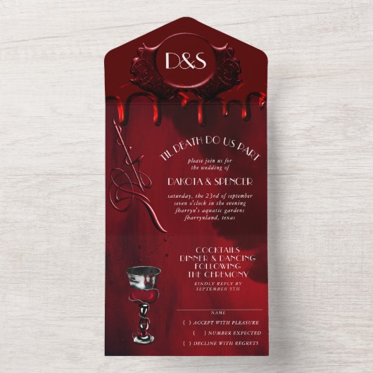 ゴシック様式 |黒と赤の血結婚滴 オールインワン招待状 (内側)