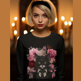ゴシック猫とバラゴシック体の白黒猫 Tシャツ
