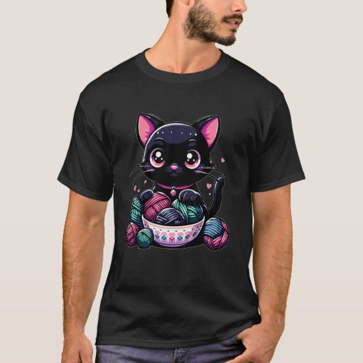 ゴシック猫のラーメン好き 和食 ネコ Tシャツ (正面)