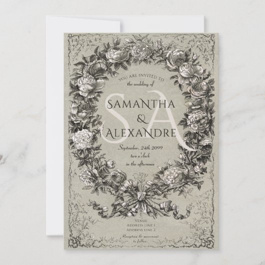 ゴシック王室の中世フローラバラリース結婚ズ 招待状 (正面)