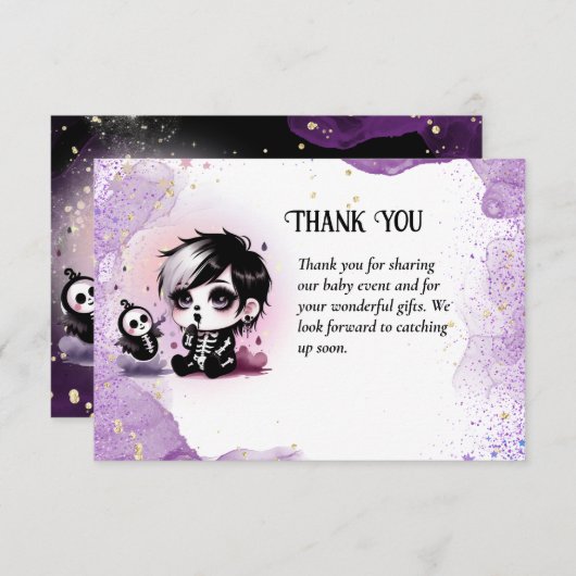 ゴシック男の赤ちゃんシャワーパープルブラックありがとう サンキューカード (正面/裏面)