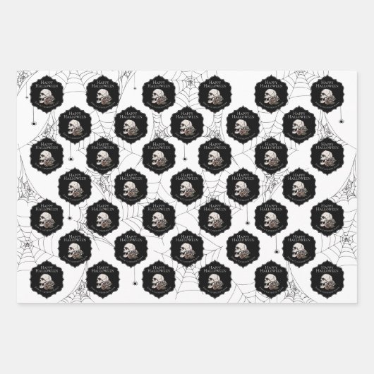 ゴシック白黒スカルとストライプハロウィーン ラッピングペーパーシート (正面)