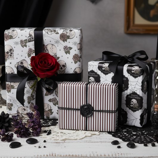 ゴシック白黒スカルとストライプハロウィーン ラッピングペーパーシート