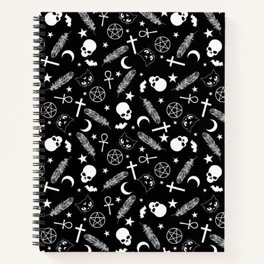 ゴシック白黒スカルペンタグラムウィッチパターン ノートブック (正面)