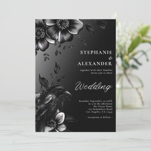 ゴシック白黒レイベン結婚フローラ 招待状 (スタンド正面)