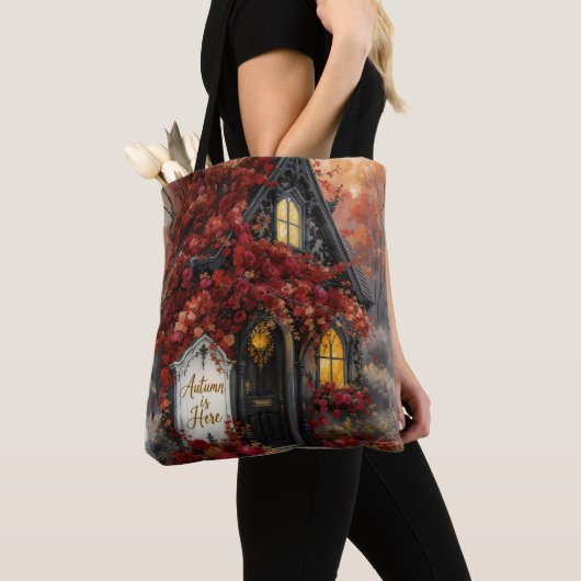 ゴシック秋コテージバラタイポグラフィアート トートバッグ (クローズアップ)