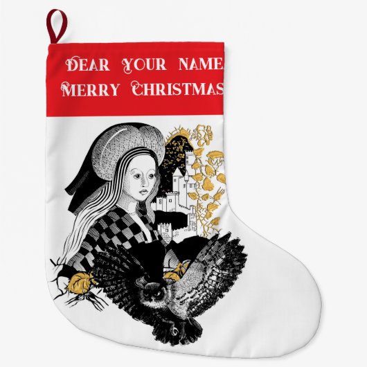 ゴシック系のフクロウと女性 ラージクリスマスストッキング (正面)