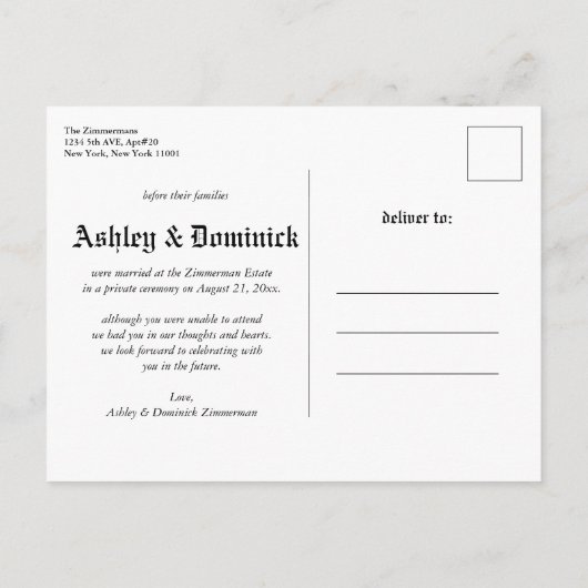 ゴシック素朴公式結婚の 案内ポストカード (裏面)