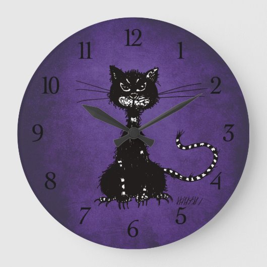 ゴシック紫のぼろの悪い黒猫 ラージ壁時計 (正面)