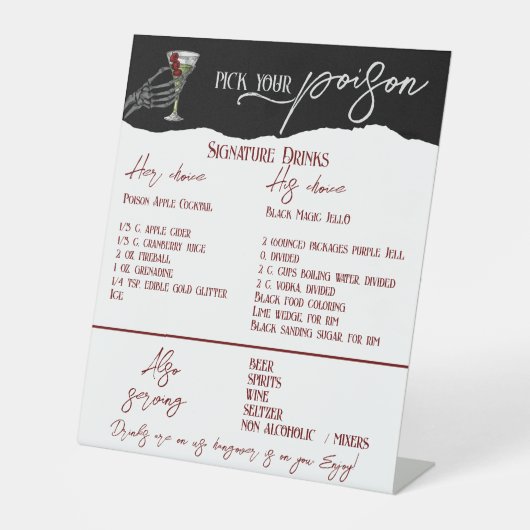 ゴシック結婚のシグネチャードリンク無料バー標識 台座サイン (正面)