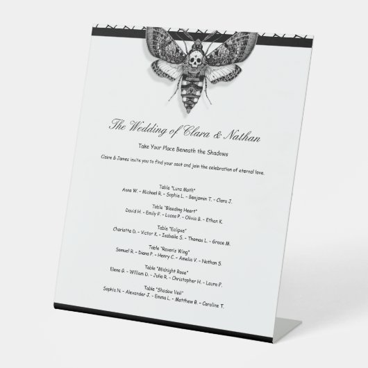 ゴシック結婚の座席表のエレガント白黒 台座サイン (正面)