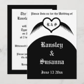 ゴシック結婚ス翼ハートモノグラムの結婚ズ 招待状 (正面/裏面)