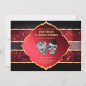 ゴシック結婚ズ深いレッドグレー金ゴールドスカル 招待状 (正面)