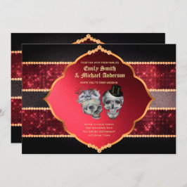 ゴシック結婚ズ深いレッドグレー金ゴールドスカル 招待状