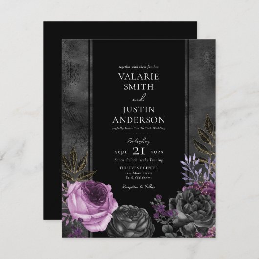 ゴシック結婚フローラ紫と黒の招待状 招待状 (正面/裏面)