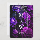 ゴシック結婚モノグラムスカルダークパープルバラ 招待状 (正面)