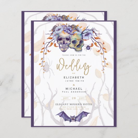 ゴシック結婚式招待状紫オレンジスカル (正面/裏面)