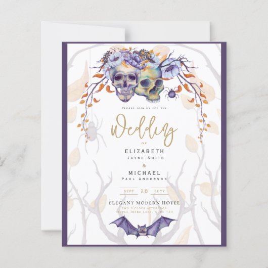 ゴシック結婚式招待状紫オレンジスカル (正面)