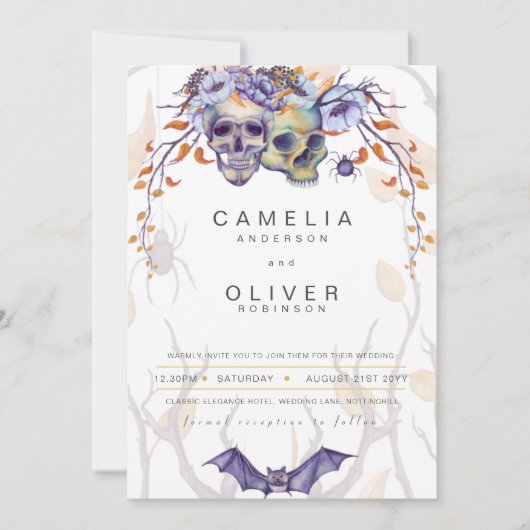 ゴシック結婚式招待状紫オレンジスカル 招待状 (正面)