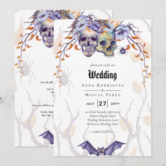 ゴシック結婚式招待状紫オレンジスカル 招待状 (正面/裏面)