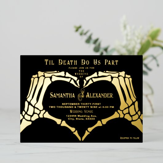 ゴシック結婚様式の黒い骸骨の手が死ぬまで 箔招待状 (立ち正面)
