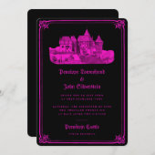 ゴシック縁ど城ホートピンク結婚ブラック 招待状 (正面/裏面)