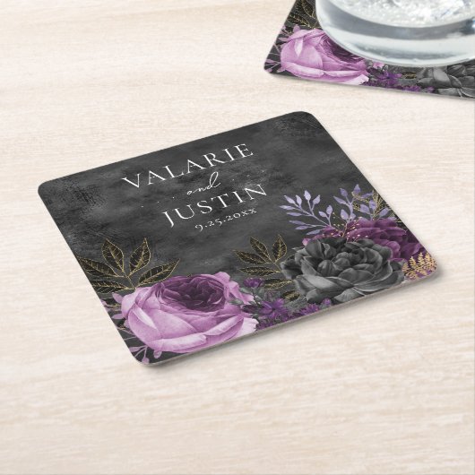 ゴシック色の紫と黒のフローラ結婚ズ スクエアペーパーコースター (アングル)