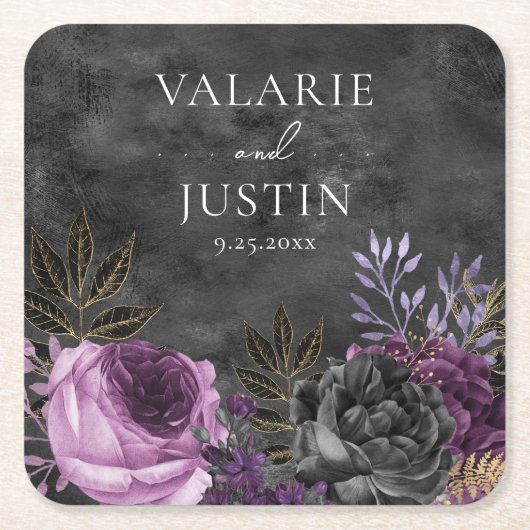 ゴシック色の紫と黒のフローラ結婚ズ スクエアペーパーコースター (正面)
